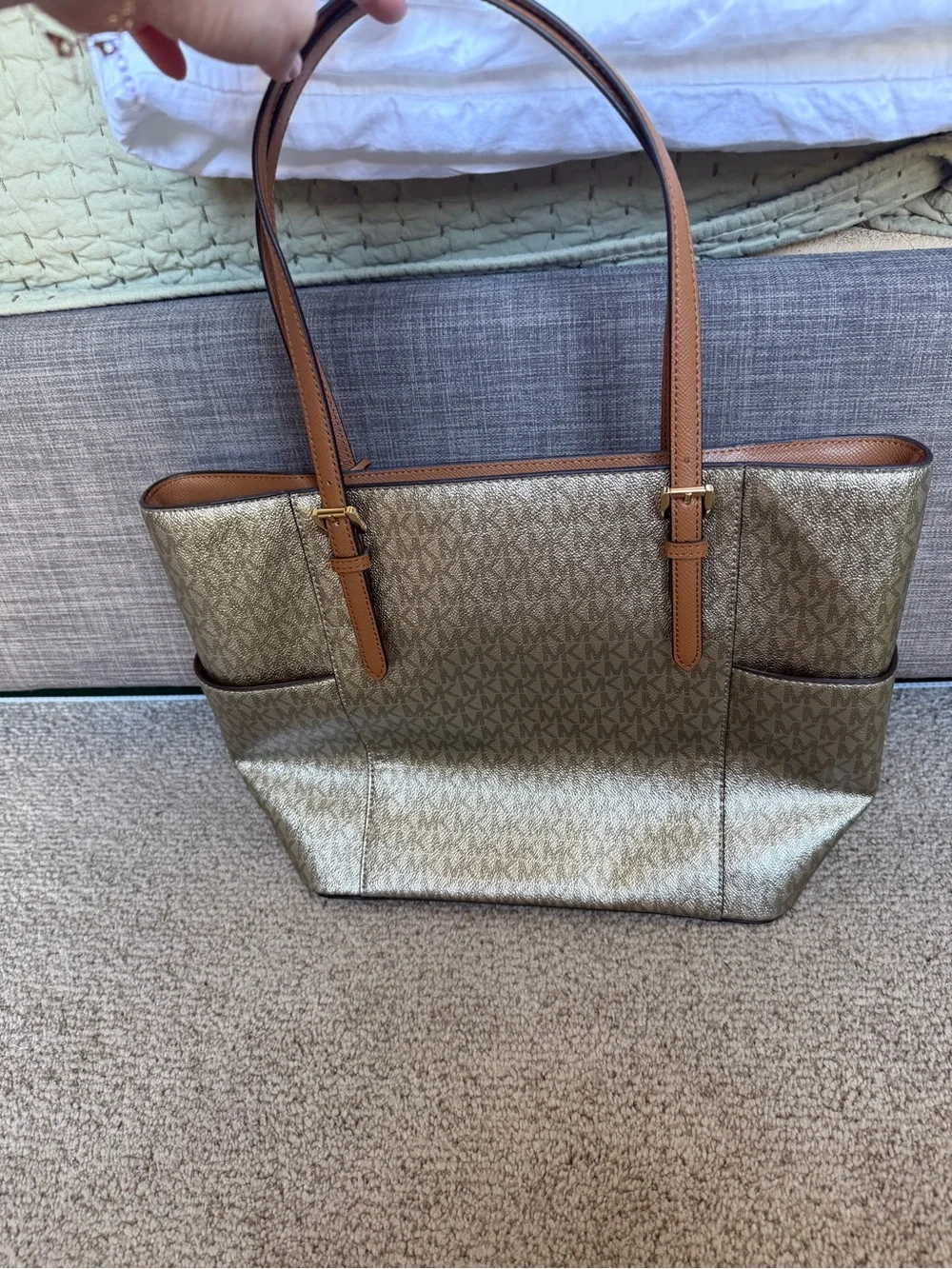 Michael Kors Metallic Gold Champagne Silver Logo Tote with Tan Straps